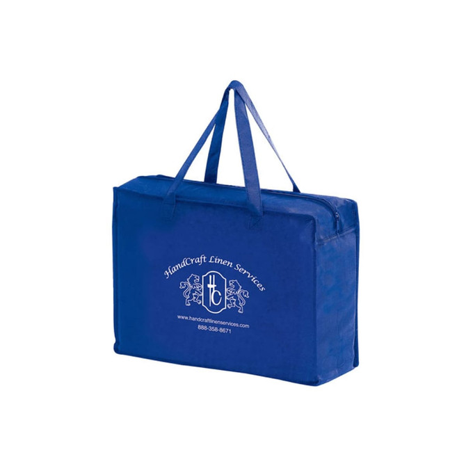 A blue non-woven tote bag with a zipper closure and two handles, featuring a logo on the front.