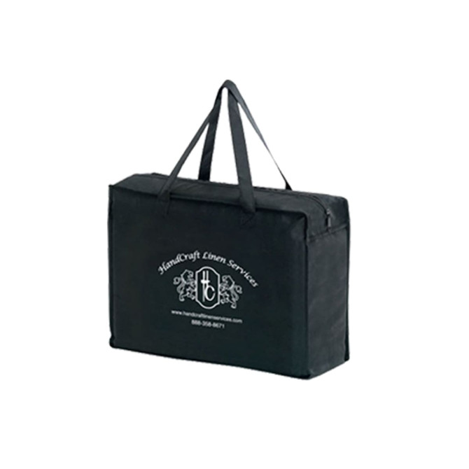 A black non-woven briefcase tote with zipper closure and dual handles, featuring a logo on the front.