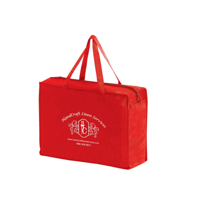 A red non-woven tote bag features a zippered closure and sturdy handles, with a logo on the front.