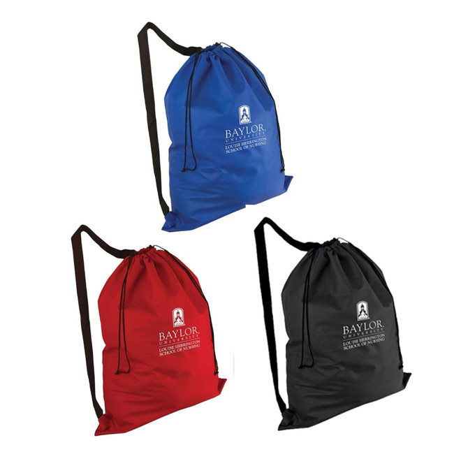 A collection of non-woven laundry duffel bags in blue, red, and black with over-the-shoulder straps and branding.