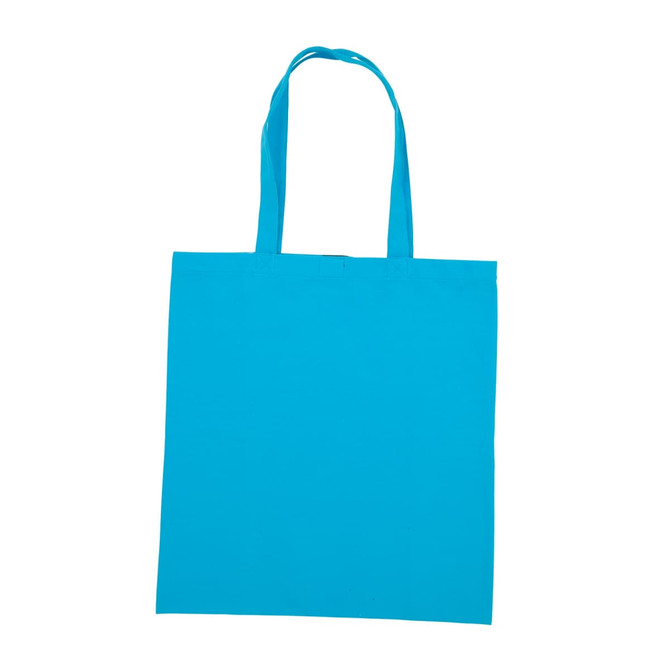 A bright blue cotton tote bag with two long handles and no visible logos or branding.