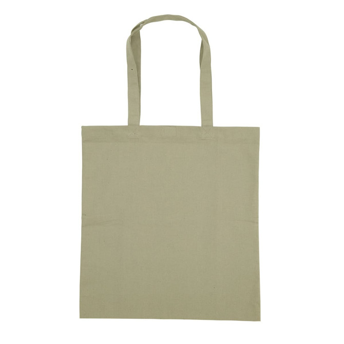 A light green cotton tote bag with two handles and no visible design or logo.