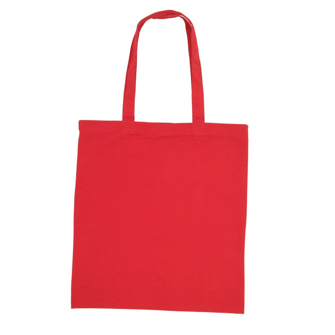 A red cotton tote bag with two handles and a plain design. It includes a branding logo.