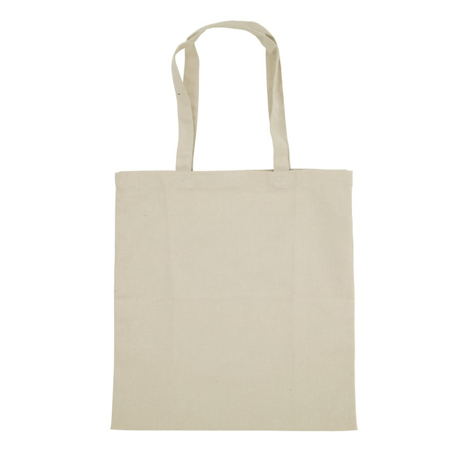 A plain beige cotton tote bag with two sturdy handles and no visible branding.