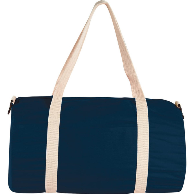 A navy duffel bag with cream straps, featuring a logo on the side. Ideal for travel or gym use.