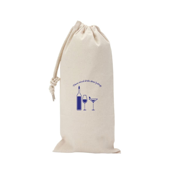 A canvas drawstring wine gift bag in natural colour with a logo featuring wine bottles and glasses.