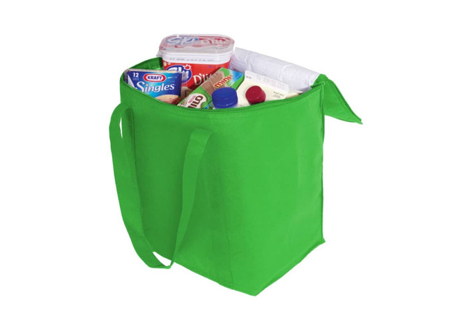 A green cooler bag filled with various food items, including a drink bottle and containers. The bag has handles and a logo.
