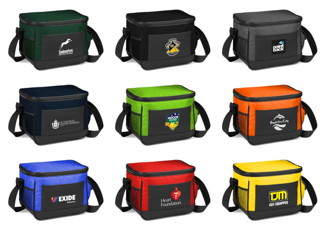 A collection of eight cooler bags in various colours, each with a logo and a detachable strap.