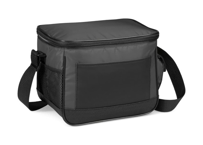 A black can cooler bag with a zippered top, adjustable strap, and mesh side pocket. It features a logo on the front.