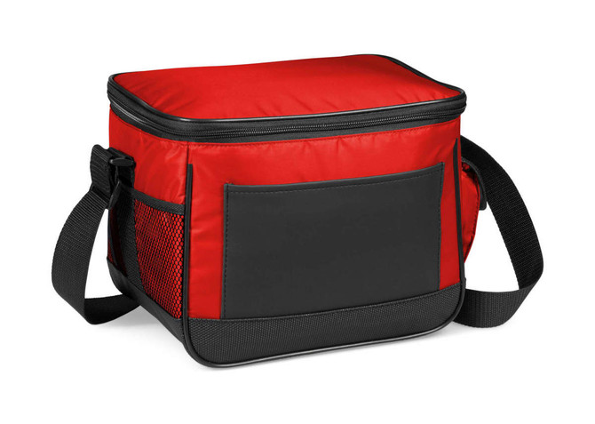 A red cooler bag with a black base and a mesh pocket, featuring a zip closure and a shoulder strap.