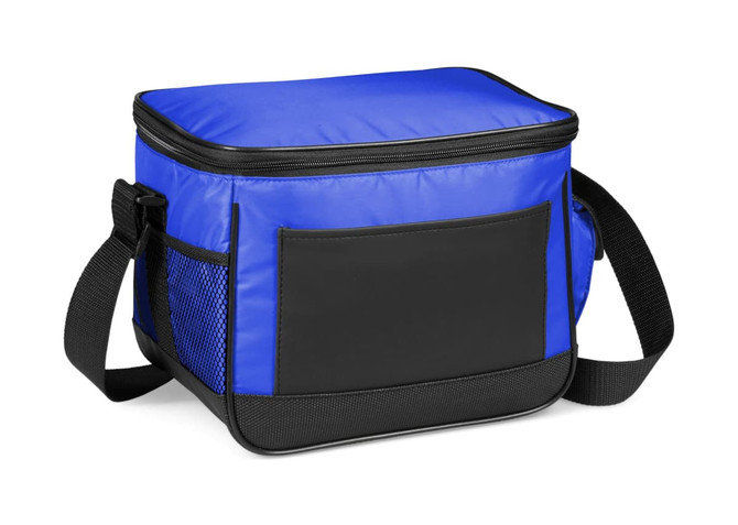 A drink cooler bag in blue and black, featuring a zippered top and a side mesh pocket, with a shoulder strap.