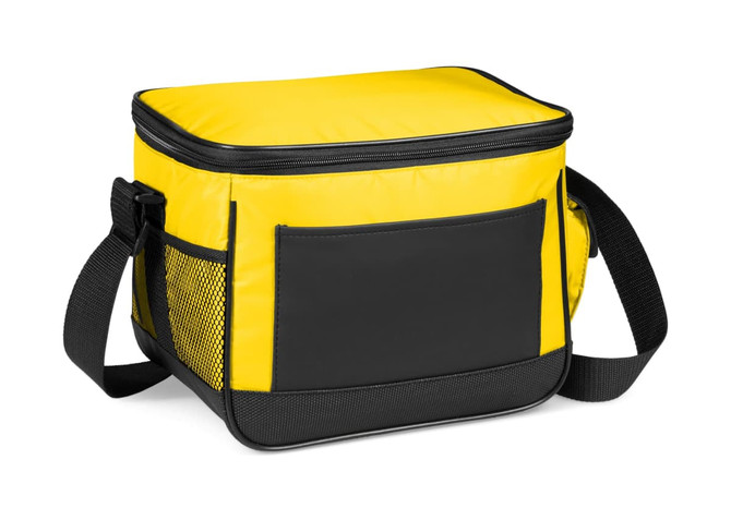 A yellow and black cooler bag with a zippered top and a side mesh pocket. It features an adjustable strap and a logo.