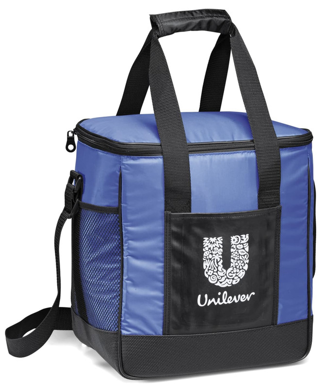 A blue cooler bag with black accents, featuring a logo and side mesh pocket for extra storage.