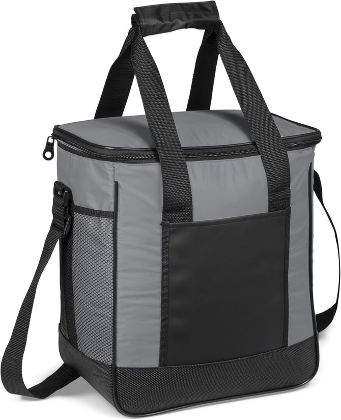 A grey and black insulated cooler bag with two handles and a detachable shoulder strap. It features a front pocket and a logo.