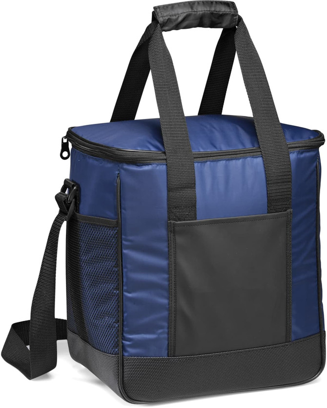 A navy blue and black cooler bag with handles and a detachable shoulder strap, featuring a side mesh pocket.