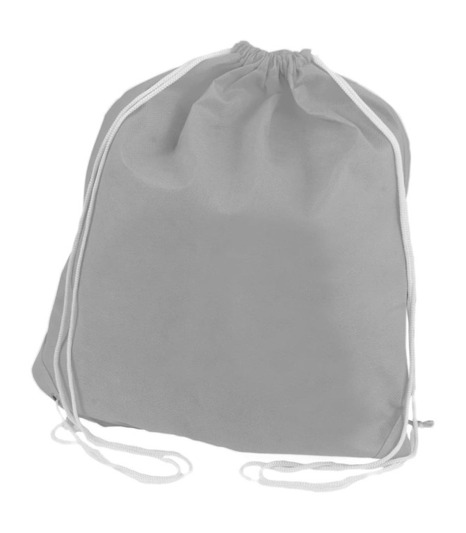 A grey non-woven drawstring bag with white drawstrings and a simple design.