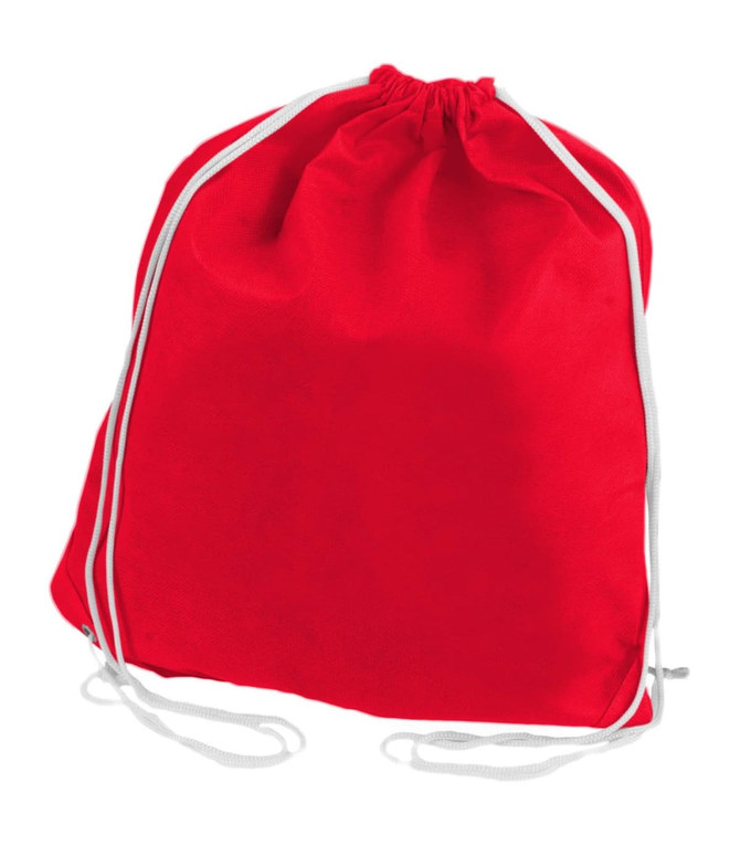 A red non-woven drawstring bag with white cords and a logo. Ideal for carrying items.