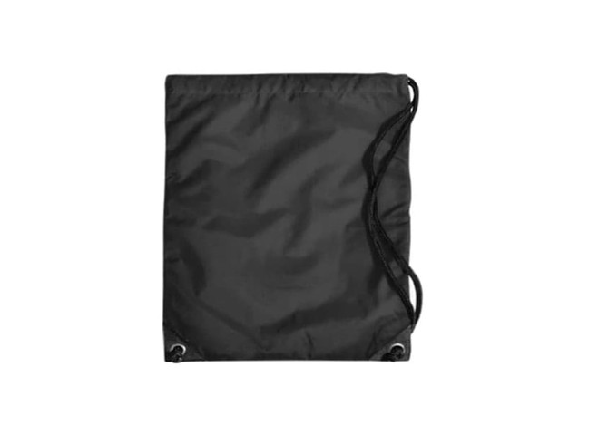 A black duffle bag with drawstring closure and eyelets at the base. It features a logo on the side.