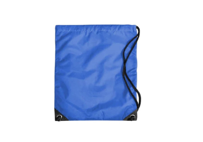 A blue Economy Duffle Bag featuring a drawstring closure and reinforced corners. It has a logo on the front.