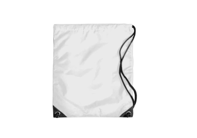 A white duffle bag with black corners and drawstring closure, featuring a logo.