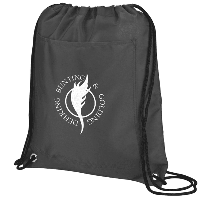A grey drawstring cooler pack with a logo, featuring a simple design and adjustable straps.