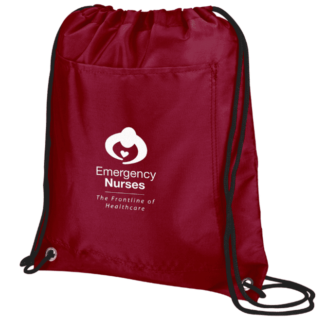 A red drawstring cooler pack with a logo, featuring black drawstrings for easy carrying.