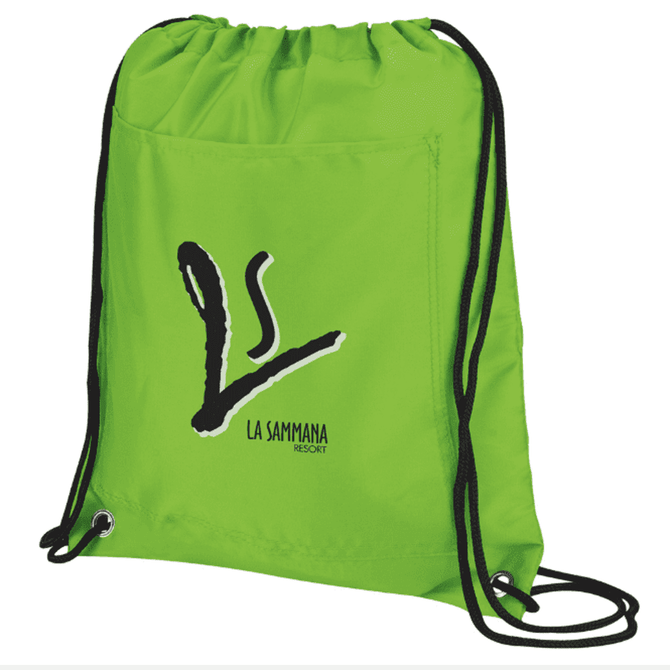 A bright green drawstring cooler pack featuring a logo. It has a simple, lightweight design with black drawstrings.