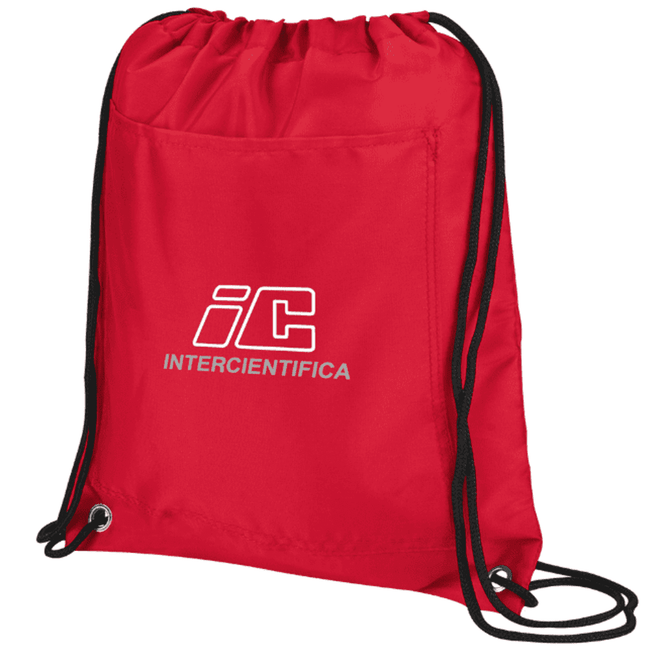 A red drawstring cooler pack with a black drawcord and a logo on the front.