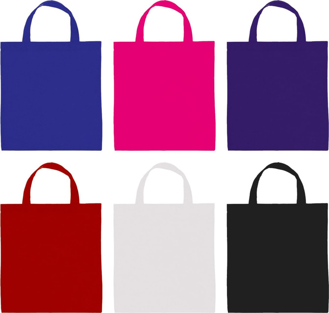 A collection of tote bags in blue, pink, purple, red, white, and black, featuring handles and a logo.