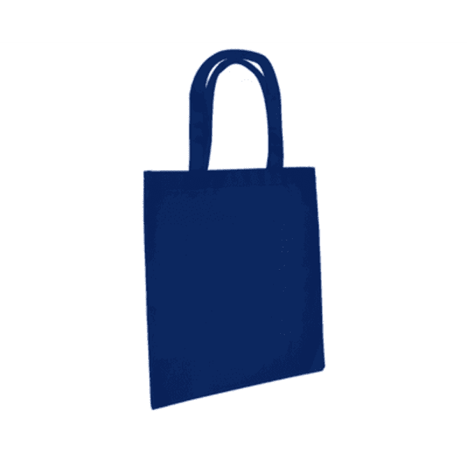 A navy blue tote bag with two long handles and a simple design. It has a logo on the front.