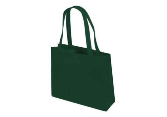 A green tote bag with two handles and a minimalist design, featuring a logo.