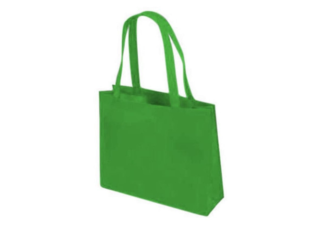 A bright green tote bag with two handles and a simple design, featuring a branding logo.