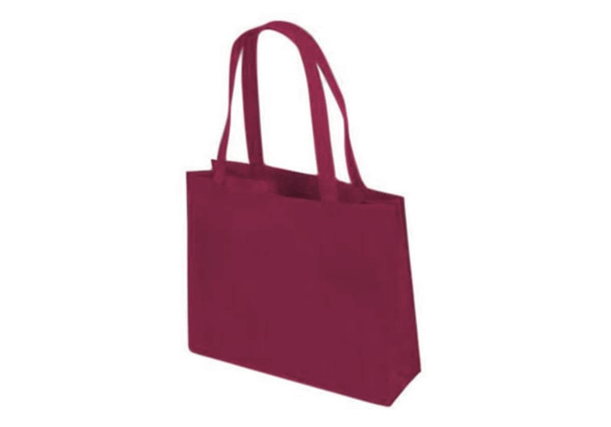 A burgundy tote bag with two handles and a simple design. It features a branding logo on the front.