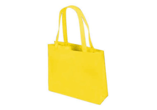 A yellow tote bag with two handles and a simple design. It features a logo on the front.