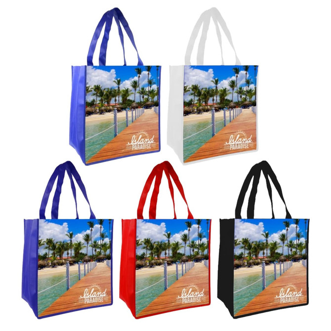 A collection of tote bags in blue, white, red, black, and purple, featuring a tropical beach scene with a boardwalk.