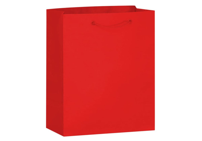 A red paper bag with a flat base and matching handles, featuring a logo on the front.