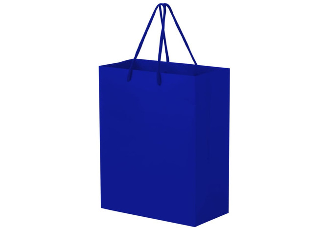 A large, vibrant blue laminated paper bag with matching handles. It has a simple design and a logo.