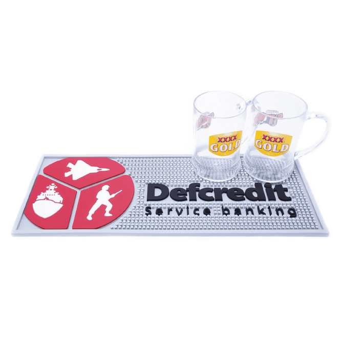 A rubber bar mat in grey featuring red designs and two clear drink mugs. The mat has a branded logo.