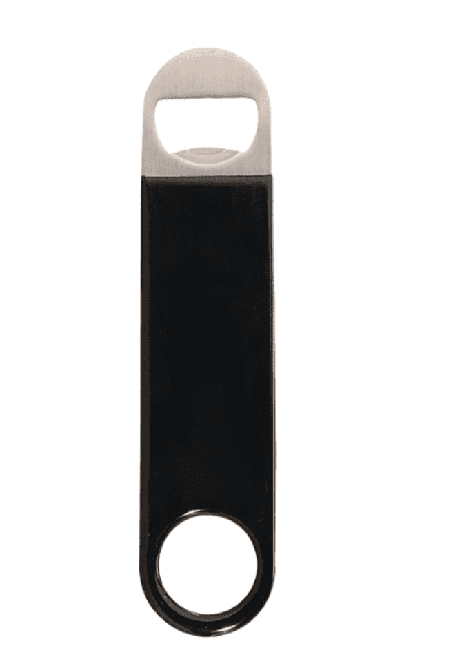 A drink bottle opener with a vinyl wrap in black and a silver metal top, featuring a round keyring hole.