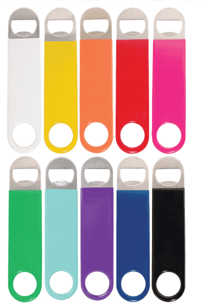 A collection of ten vinyl wrapped paddle style bottle openers in various colours, each with a metal bottle opener end.