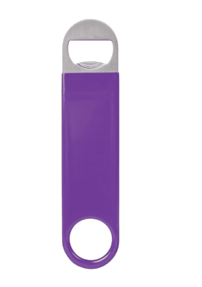 A drink bottle opener in a vibrant purple vinyl wrap with a metal opening end and a keyring attachment.