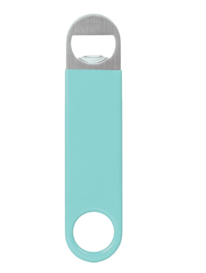 A drink bottle opener in a pastel blue vinyl wrapped design with a stainless steel top and a circular keyring attachment.