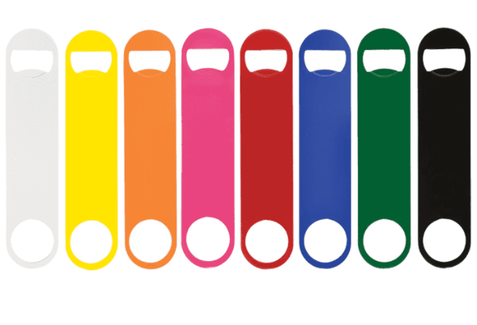 A drink bottle opener in various colours including white, yellow, orange, pink, red, blue, green, and black, with a logo.