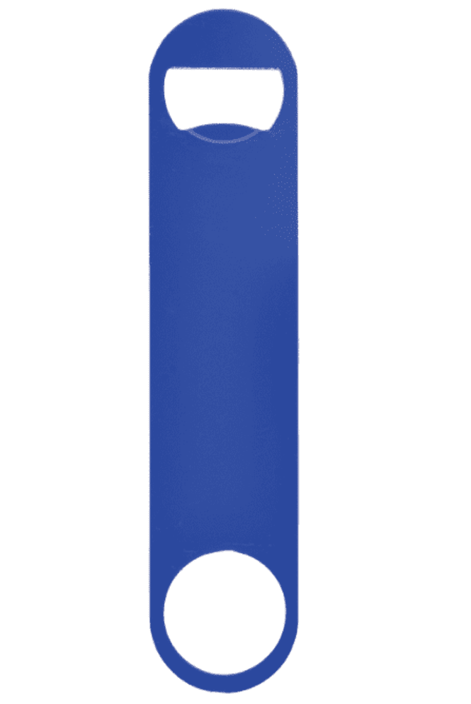 A paddle-style, powder-coated steel bottle opener in blue, featuring a circular hole and a logo.