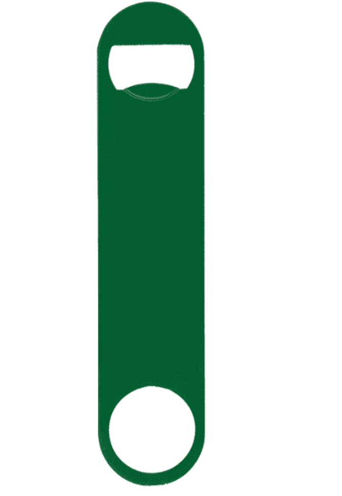 A green paddle-style bottle opener with a circular cut-out and an opening for easy grip. Features a logo.