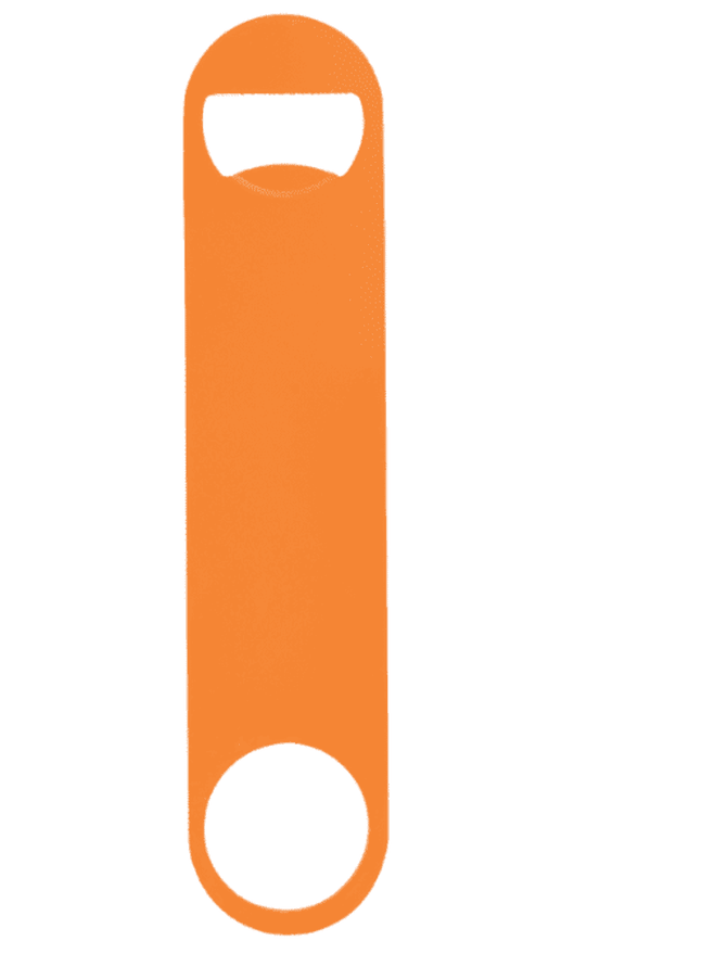 An orange paddle-style powder-coated steel bottle opener with a hole for attaching to keyrings.