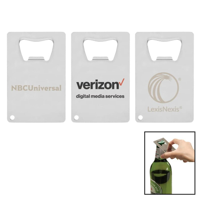 A drink bottle opener resembling a credit card, featuring a sleek silver design and various logos.