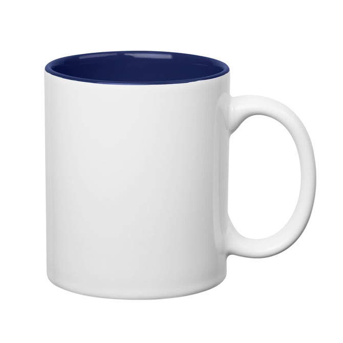 A white stoneware mug with a navy blue interior and a C-handle, featuring a logo.