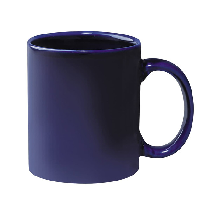 A dark blue stoneware mug with a C-handle, featuring a glossy finish and a simple design.