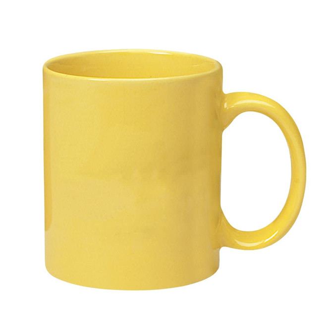 A yellow stoneware mug with a C-handle, featuring a glossy finish and a simple design.